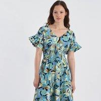 Printed Full Midi Dress with Short Ruffled Sleeves