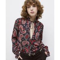 Paisley Print Blouse with V-Neck and Long Ruffle Sleeves
