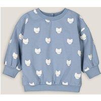 Cat Print Cotton Sweatshirt with Puff Sleeves and Crew Neck