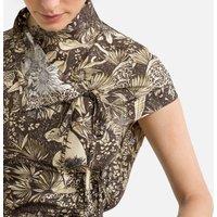 Taro Printed Silk Blouse with High Neck and Short Sleeves