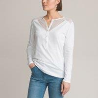 Cotton Dual Fabric T-Shirt with Crew Neck and Long Sleeves