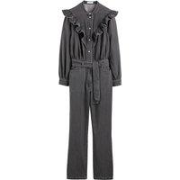Cotton Ruffled Jumpsuit with Crew Neck and Long Sleeves, Length 28.5"