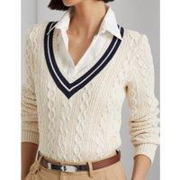 Cable Knit Cricket Jumper with V-Neck in Cotton
