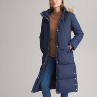 Long Hooded Padded Puffer Jacket with Zip Fastening