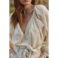 Enara Grandad Collar Blouse in Striped Cotton with Long Sleeves