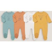 Pack of 4 Sleepsuits with Feet and Letter Print in Cotton