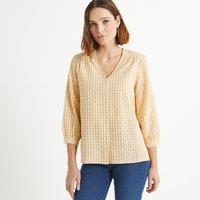Checked Cotton Seersucker Blouse with V-Neck and 3/4 Length Sleeves