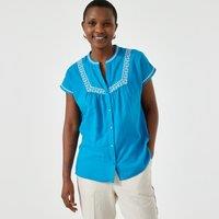 Embroidered Cotton Blouse with Short Sleeves and Crew Neck