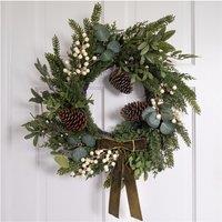 55cm Mistletoe & Pine Cone Wreath with Green Bow