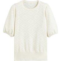 Cotton Pointelle Knit Jumper with Short Puff Sleeves and Crew Neck