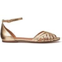 Metallic Leather Sandals with Ankle Strap and Flat Heel