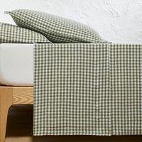 Aclie Khaki Gingham 100% Washed Linen Flat Sheet