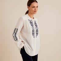 Cotton Embroidered Blouse with Crew Neck and Long Sleeves