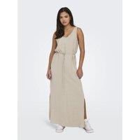 Sleeveless Maxi Dress in Linen Mix with Tie-Waist and V-Neck