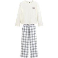 Slogan Print Cotton Pyjamas with Checked Bottoms