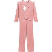 Velour Pyjamas with Ruffles and Bird Embroidery