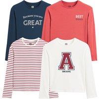 Pack of 4 T-Shirts in Cotton with Slogan Print/Stripes and Long Sleeves