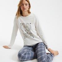 Cotton Pyjamas with Printed Top/Checked Bottoms