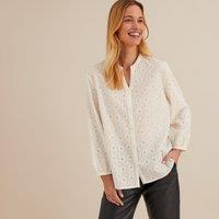 Broderie Anglaise Blouse with Crew Neck and 3/4 Length Sleeves