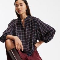 Checked Loose Fit Blouse with Mandarin Collar