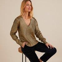 Sparkly Chunky Knit Jumper in Cotton Mix with V-Neck