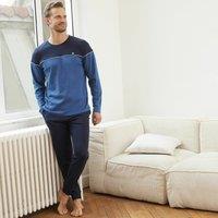 Two-Tone Cotton Pyjamas with Long Sleeves and Crew Neck