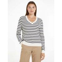 Striped Cotton Mix Jumper with V-Neck