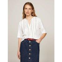 Striped Notch Neck Blouse with 3/4 Length Sleeves