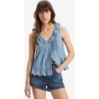 Denim Sleeveless Ruffled Blouse