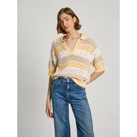 Striped Cotton Jumper in Openwork Knit with Short Sleeves