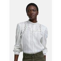 Cotton Mix Blouse with High Neck, Lace Detail and Long Sleeves