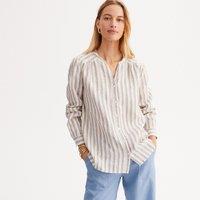 Striped Linen Blouse with Crew Neck and Long Sleeves