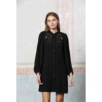 Cotton Openwork Mini Dress with High Neck and Long Sleeves