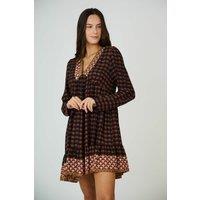 Tribal Print Mini Dress with Long Sleeves and V-Neck