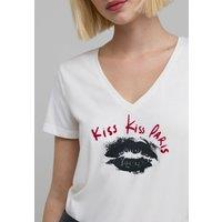 Flocked Slogan Print T-Shirt in Cotton Blend with Short Sleeves and V-Neck