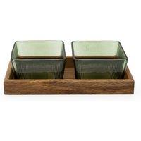 Set of 2 Square Glass Bowls & Acacia Wood Tray Set