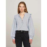 Striped Ruffled Blouse with High Neck in Cotton Mix