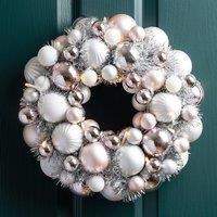 33cm Champagne and Silver Bauble Wreath with Lights