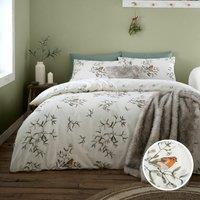 Brushed Mistletoe Robin 100% Cotton Duvet Cover and Pillowcase Set