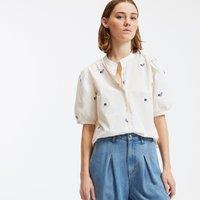 Mandarin Collar Shirt with Floral Embroidery and Balloon Sleeves