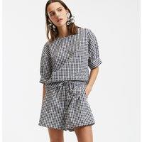Gingham Check Blouse with Crew Neck and Balloon Sleeves