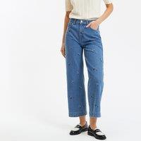 Wide Leg Cropped Jeans with High Waist and Embroidery