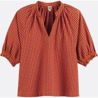 Gingham Check Blouse with V-Neck and Puff Sleeves