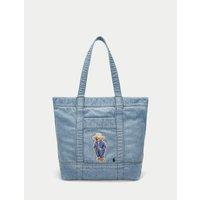 Denim Zip-Up Shopping Bag, Teddy Bear Print