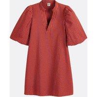 Mini V-Neck Dress with Gingham Checks and Balloon Sleeves