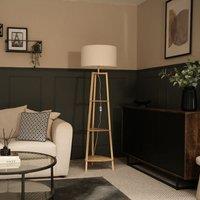 Natural Wood 3 Tier Shelf Wooden Floor Lamp with Boucle Shade