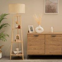 Natural Wood 3 Tier Shelf Floor Lamp with Large Shade