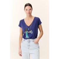 V-Neck Embroidered T-Shirt with Short Sleeves, Tonton Feather