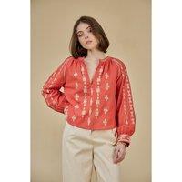 Tribal Embroidered V-Neck Blouse with Long Sleeves