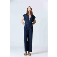 Short-Sleeved Denim V-Neck Jumpsuit